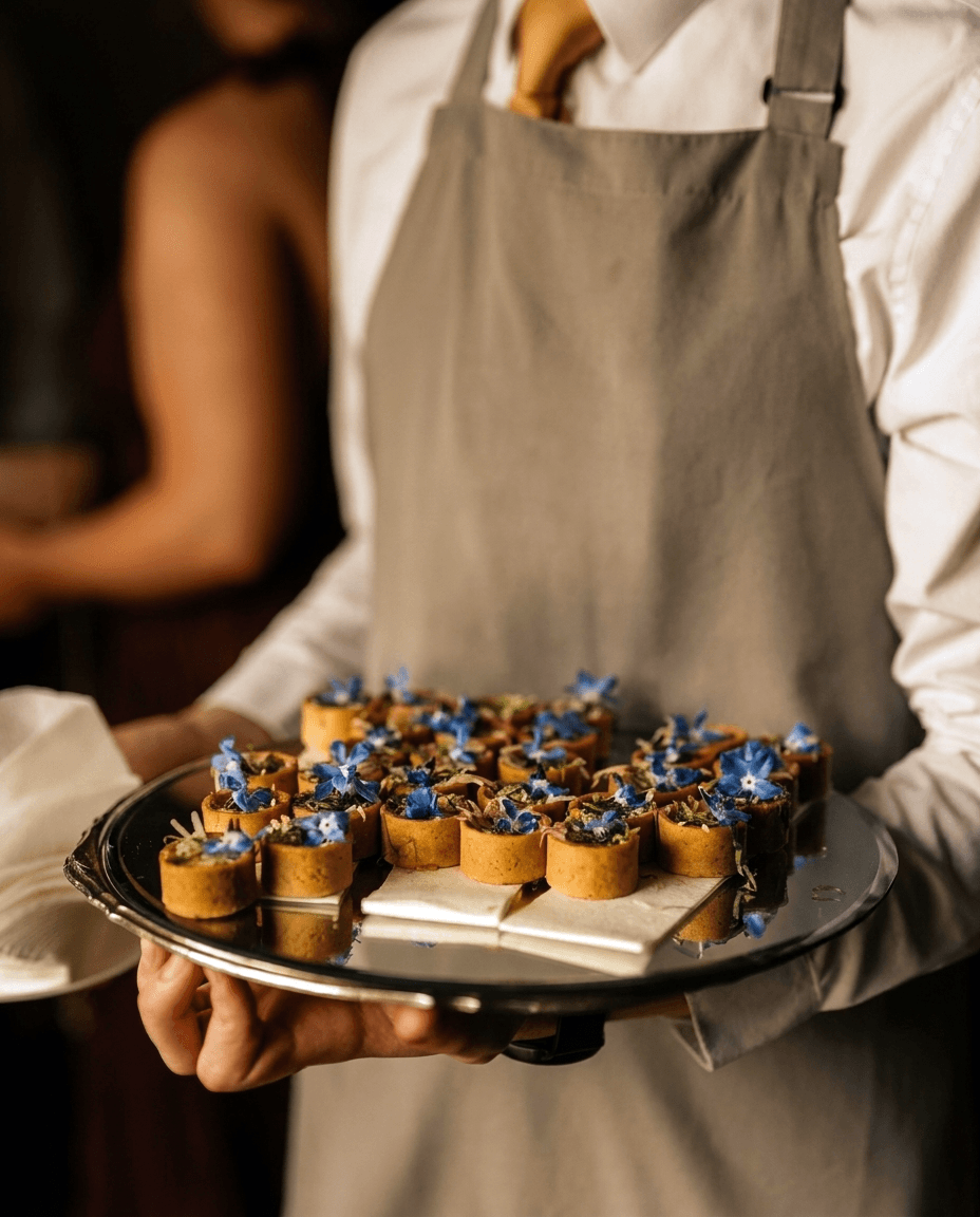 A member of the hospitality team serving canapés.